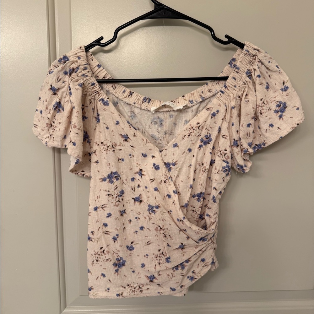 Astr Floral Wrap Peasant Top - Blue on Cream